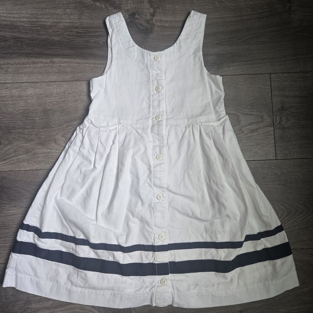 Janie and Jack Girls White Cotton Dress 5 Sleeveless Buttons Pocket Navy Stripes